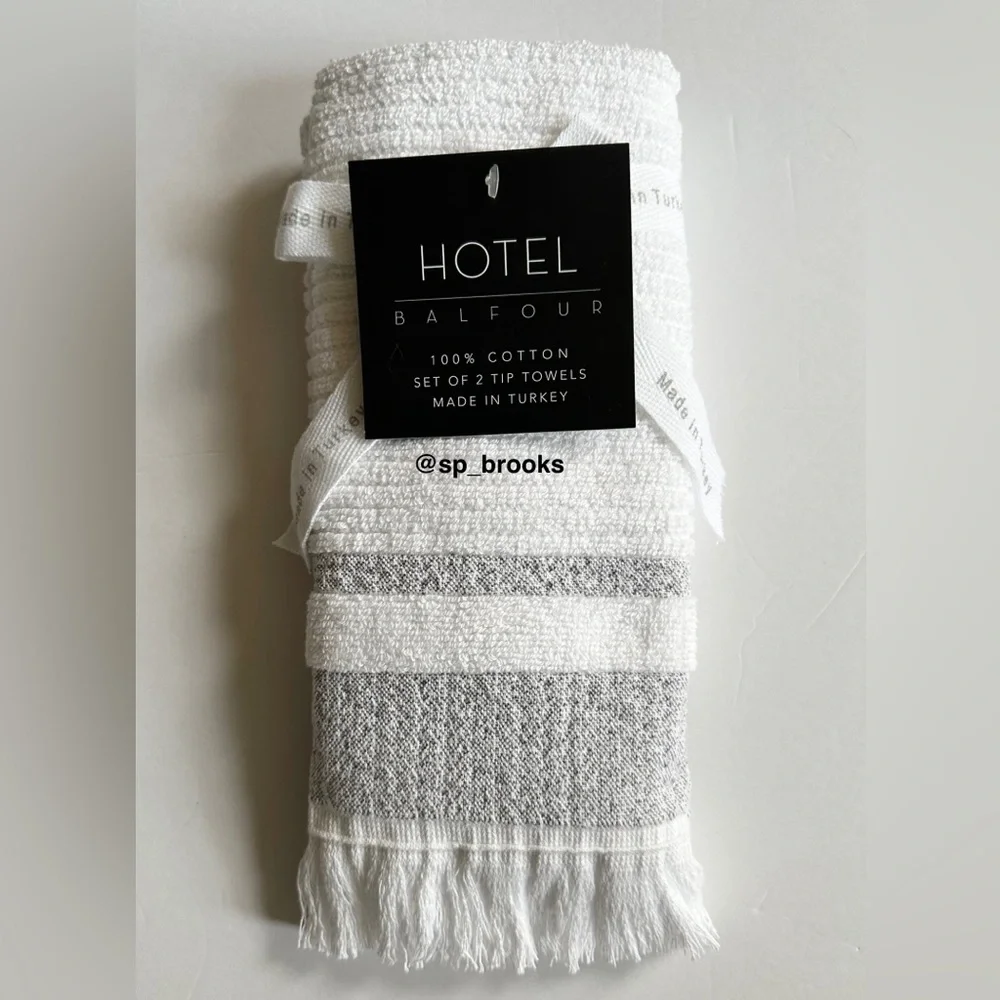 🎁2PC Hotel Balfour Tip Towel Set - 100% Turkish Cotton - White & Heather Gray
